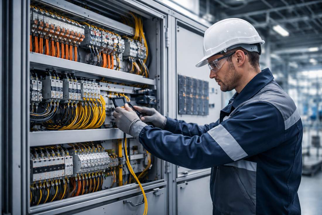 Elektriker bei der Industrieinstallation in Herne – Arbeiten an Schaltschrank und Elektroanlage in einem Industriebetrieb